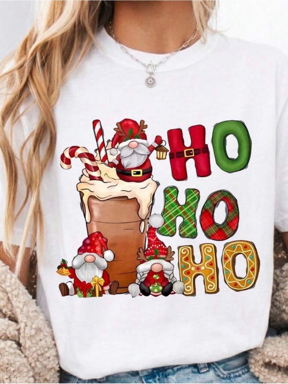 Christmas Gnome Ho Ho Ho Graphic Tee - White